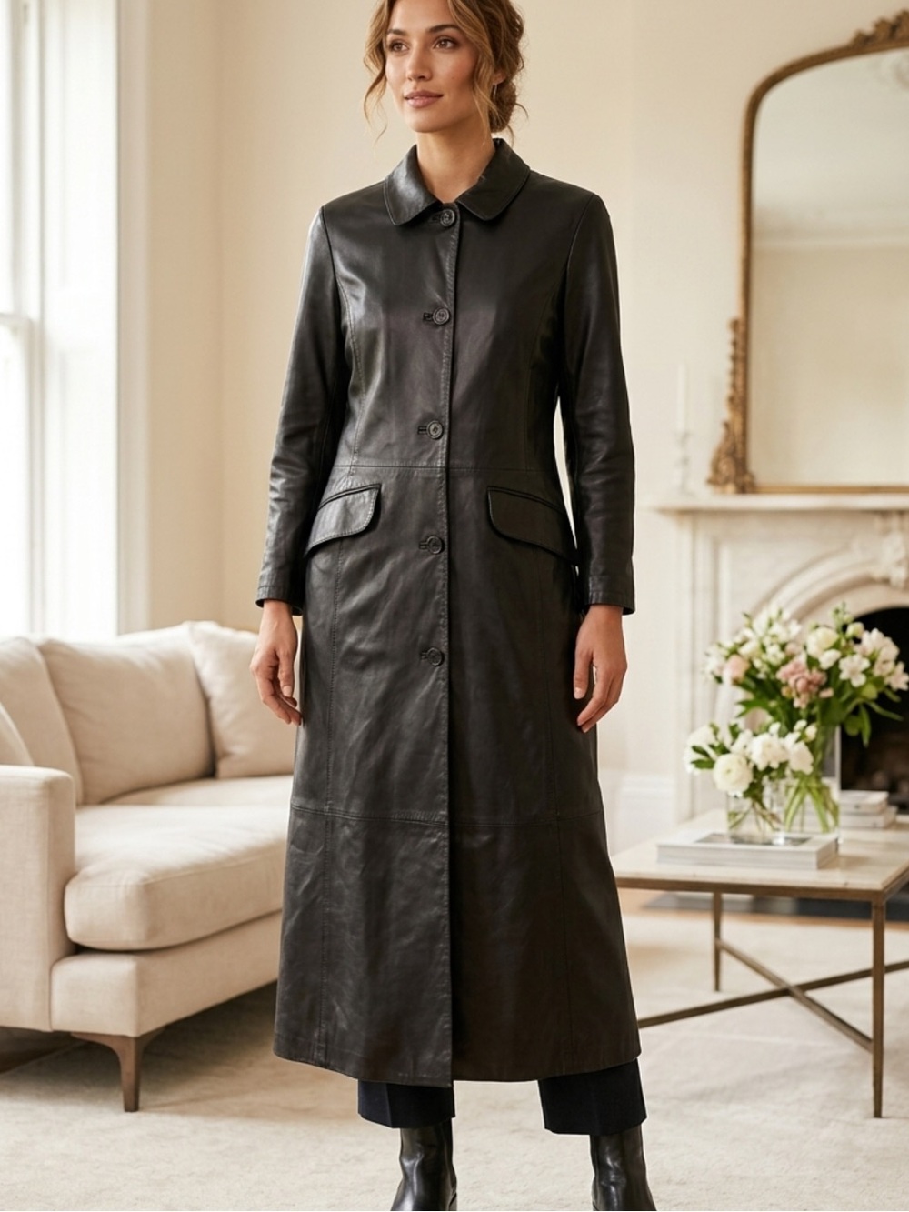 100% Calfskin Leather Full Length Coat.